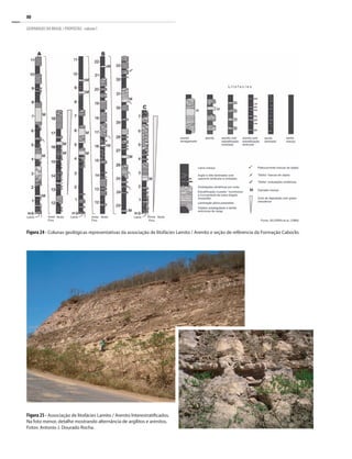 80
GEOPARQUES DO BRASIL / PROPOSTAS · volume I
Figura 24 - Colunas geológicas representativas da associação de litofácies Lamito / Arenito e seção de refêrencia da Formação Caboclo.
Figura 25 - Associação de litofácies Lamito / Arenito Interestratificados.
Na foto menor, detalhe mostrando alternância de argilitos e arenitos.
Fotos: Antonio J. Dourado Rocha.
 