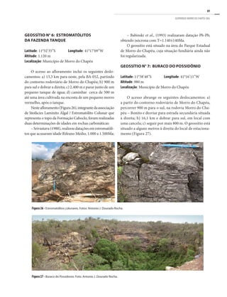81
GEOPARQUE MORRO DO CHAPÉU (BA)
GEOSSÍTIO N° 6: ESTROMATÓLITOS
DA FAZENDA TANQUE
Latitude: 11°32’35”S	 Longitude: 41°17’09”W
Altitude: 1.120 m
Localização: Município de Morro do Chapéu
O acesso ao afloramento inclui os seguintes deslo-
camentos: a) 13,3 km para oeste, pela BA-052, partindo
do contorno rodoviário de Morro do Chapéu; b) 900 m
para sul e dobrar a direita; c) 2.400 m e parar junto de um
pequeno tanque de água; d) caminhar cerca de 500 m
até uma área cultivada na encosta de um pequeno morro
vermelho, após o tanque.
Nesteafloramento(Figura26),integrantedaassociação
de litofácies Laminito Algal / Estromatólito Colunar que
representa o topo da Formação Caboclo, foram realizadas
duas determinações de idades em rochas carbonáticas:
– Srivastava (1988), realizou datações em estromatóli-
tos que acusaram idade Rifeano Médio, 1.000 a 1.500Ma;
– Babinski et al., (1993) realizaram datação Pb-Pb,
obtendo isócrona com T=1.140±140Ma.
O geossítio está situado na área do Parque Estadual
de Morro do Chapéu, cuja situação fundiária ainda não
foi regularizada.
GEOSSÍTIO N° 7: BURACO DO POSSIDÔNIO
Latitude: 11°38’48”S	 Longitude: 41°16’11”W
Altitude: 980 m
Localização: Município de Morro do Chapéu
O acesso abrange os seguintes deslocamentos: a)
a partir do contorno rodoviário de Morro do Chapéu,
percorrer 900 m para o sul, na rodovia Morro do Cha-
péu – Bonito e desviar para estrada secundária situada
à direita; b) 16,1 km e dobrar para sul, em local com
uma cancela; c) seguir por mais 800 m. O geossítio está
situado a alguns metros à direita do local de estaciona-
mento (Figura 27).
Figura 26 - Estromatólitos colunares. Fotos: Antonio J. Dourado Rocha.
Figura 27 - Buraco do Possidonio. Foto: Antonio J. Dourado Rocha.
 