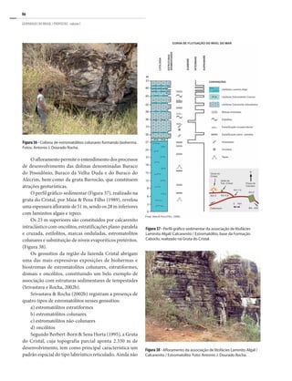 86
GEOPARQUES DO BRASIL / PROPOSTAS · volume I
O afloramento permite o entendimento dos processos
de desenvolvimento das dolinas denominadas Buraco
do Possidônio, Buraco da Velha Duda e do Buraco do
Alecrim, bem como da gruta Barrocão, que constituem
atrações geoturísticas.
O perfil gráfico-sedimentar (Figura 37), realizado na
gruta do Cristal, por Maia & Pena Filho (1989), revelou
uma espessura aflorante de 51 m, sendo os 28 m inferiores
com laminitos algais e tepees.
Os 23 m superiores são constituídos por calcarenito
intraclástico com oncolitos, estratificações plano-paralela
e cruzada, estilolitos, marcas onduladas, estromatolitos
colunares e substituição de níveis evaporíticos pretéritos.
(Figura 38).
Os geossítios da região da fazenda Cristal abrigam
uma das mais expressivas exposições de biohermas e
biostromas de estromatolitos colunares, estratiformes,
domais e oncólitos, constituindo um belo exemplo de
associação com estruturas sedimentares de tempestades
(Srivastava e Rocha, 2002b).
Srivastava & Rocha (2002b) registram a presença de
quatro tipos de estromatólitos nesses geossítios:
a) estromatólitos estratiformes
b) estromatólitos colunares
c) estromatólitos não-colunares
d) oncólitos
Segundo Berbert-Born & Sena Horta (1995), a Gruta
do Cristal, cuja topografia parcial aponta 2.330 m de
desenvolvimento, tem como principal característica um
padrão espacial do tipo labiríntico reticulado. Ainda não
Figura 36 - Colônia de estromatólitos colunares formando bioherma.
Fotos: Antonio J. Dourado Rocha.
Figura 38 - Afloramento da associação de litofácies Laminito Algal /
Calcarenito / Estromatolito. Foto: Antonio J. Dourado Rocha.
Figura 37 - Perfil-gráfico sedimentar da associação de litofácies
Laminito Algal/ Calcarenito / Estromatólito, base da Formação
Caboclo, realizado na Gruta do Cristal.
 