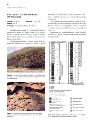 90
GEOPARQUES DO BRASIL / PROPOSTAS · volume I
GEOSSÍTIO N° 17: PLANÍCIE DE MARÉS
(KM 294, BA-052)
Latitude: 11°29’25”S	 Longitude: 41°20’45”W
Altitude: 840 m
Localização: Município de Morro do Chapéu
Esse afloramento situado 22,7 km a oeste do contorno
rodoviário de Morro do Chapéu, no km 294 da BA-052,
mostra o contato da associação de litofácies Arenito
Sigmoidal (base) com a associação de litofácies Arenito/
Lamito (Figura 43).
A associação de litofácies Arenito/Lamito foi depo-
sitada em ambiente de planície de marés, o que é
demonstrado pela abundância de acamamento lenti-
cular e ondulado e presença de estruturas de contração
(Figura 44).
Este afloramento que integra o flanco oeste da estru-
tura anticlinal de Morro do Chapéu, que possui eixo com
direção norte-sul e caimento para norte, foi descrito
por Zanini Junior et al., (1989), conforme mostrado na
Figura 45.
O geossítio está situado na área do Parque Estadual
de Morro do Chapéu, cuja situação fundiária ainda não
foi regularizada.
Figura 43 - Contato da associação de litofácies Arenito Sigmoidal
(base) com a associação de litofácies Arenito/Lamito. Foto: Antonio
J.Dourado Rocha.
Figura 44 - Estrutura de ressecamento evidenciando exposição
subaérea, em ambiente de planície de marés. Foto: Carla Tolosa
Rodriguez.
Figura 45 - Perfil gráfico-sedimentar do afloramento do km 294 da
BA-052, da associação de litofácies Arenito / Lamito.
 
