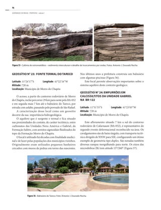 96
GEOPARQUES DO BRASIL / PROPOSTAS · volume I
Figura 56 - Balneário do Tareco. Foto: Antonio J. Dourado Rocha.
GEOSSÍTIO N° 23: FONTE TERMAL DO TARECO
Latitude: 11°24’17”S	 Longitude: 41°22’16”W
Altitude: 720 m
Localização: Município de Morro do Chapéu
O acesso, a partir do contorno rodoviário de Morro
do Chapéu, inclui percorrer 29 km para oeste pela BA-052
e em seguida mais 7 km até o balneário do Tareco, por
estrada com asfalto, passando pelo povoado de São Rafael.
A caracterização desse local como um geossítio
decorre da sua importância hidrogeológica.
O aquífero que é surgente e termal e fica situado
nas proximidades do contato, de caráter tectônico, entre
carbonatos das Unidades Nova América e Gabriel, da
Formação Salitre, com arenitos sigmoidais fluidizados do
topo da Formação Morro do Chapéu.
O local é utilizado há décadas com finalidade medici-
nal e de lazer pelas populações dos municípios vizinhos.
Originalmente eram utilizados pequenos banheiros
cercados com muros de pedras em torno das nascentes.
Nos últimos anos a prefeitura construiu um balneário
com algumas piscinas (Figura 56).
Este local permite observações importantes sobre o
sistema aquífero deste contexto geológico.
GEOSSÍTIO N° 24: EMPURRÕES EM
CALCISSILTITOS DA UNIDADE GABRIEL
NA BR-122
Latitude: 11°31’55”S	 Longitude: 41°23’05”W
Altitude: 720 m
Localização: Município de Morro do Chapéu
Este afloramento situado 7 km a sul do contorno
rodoviário de Cafarnaum (BA-052), é representativo do
segundo evento deformacional reconhecido na área. Os
cavalgamentos são de baixo ângulo, com transporte tectô-
nico dirigido de NNW para SSE, configurando um ótimo
exemplo de geometria tipo duplex. São notadas também
diversas rampas mergulhando para norte. Os eixos das
microdobras (lb) tem atitude 15°/260° (Figura 57).
Figura 55 - Colônia de estromatólitos – sedimento intercolunar e detalhe de truncamentos por ondas. Fotos: Antonio J. Dourado Rocha.
 