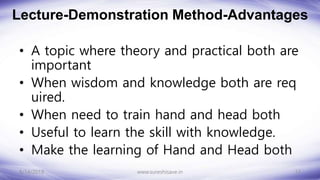 Lecture-Demonstration Method-Advantages
• A topic where theory and practical both are
important
• When wisdom and knowledge both are req
uired.
• When need to train hand and head both
• Useful to learn the skill with knowledge.
• Make the learning of Hand and Head both
8/14/2018 12
www.sureshisave.in
 