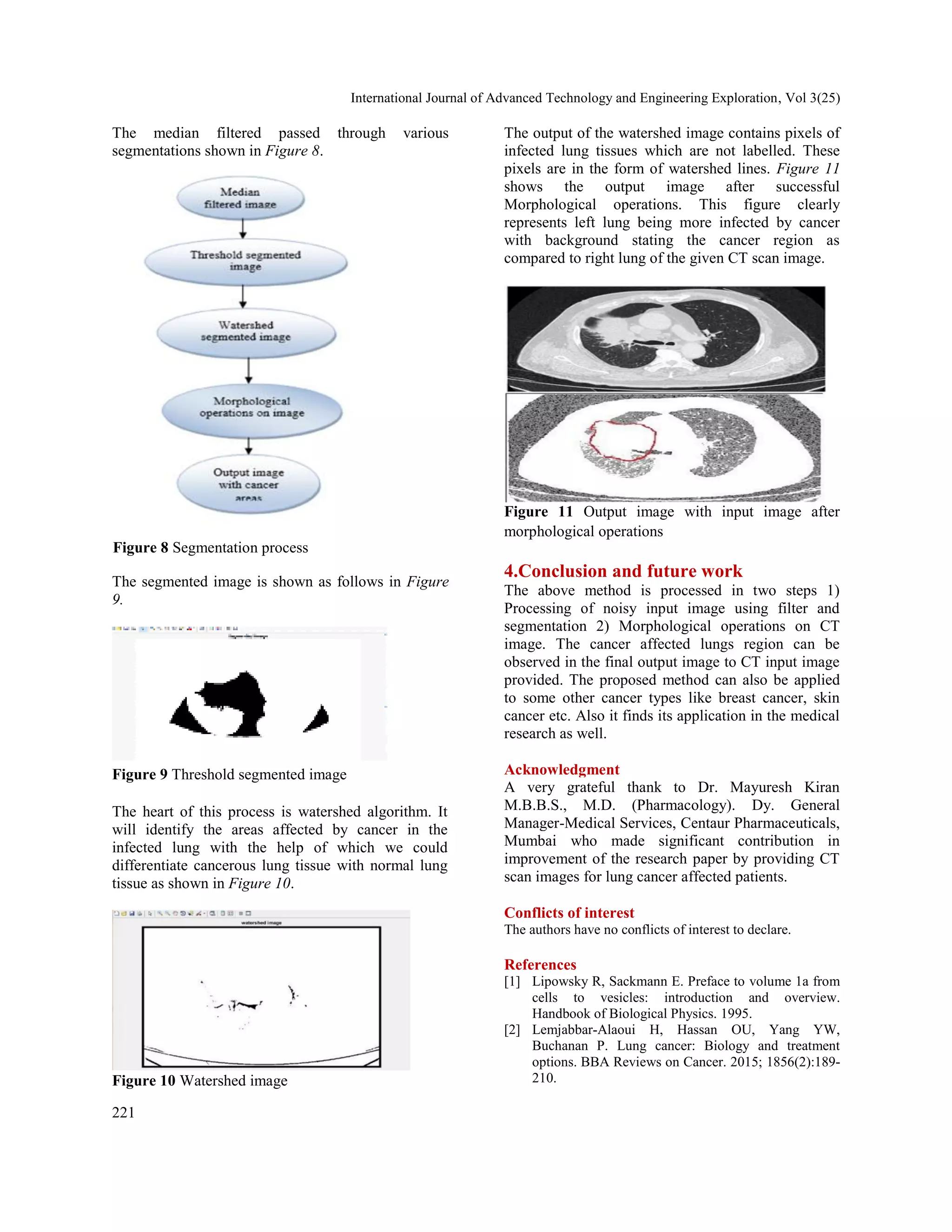 International Journal of Advanced Technology and Engineering Exploration, Vol 3(25)
221
The median filtered passed through various
segmentations shown in Figure 8.
Figure 8 Segmentation process
The segmented image is shown as follows in Figure
9.
Figure 9 Threshold segmented image
The heart of this process is watershed algorithm. It
will identify the areas affected by cancer in the
infected lung with the help of which we could
differentiate cancerous lung tissue with normal lung
tissue as shown in Figure 10.
Figure 10 Watershed image
The output of the watershed image contains pixels of
infected lung tissues which are not labelled. These
pixels are in the form of watershed lines. Figure 11
shows the output image after successful
Morphological operations. This figure clearly
represents left lung being more infected by cancer
with background stating the cancer region as
compared to right lung of the given CT scan image.
Figure 11 Output image with input image after
morphological operations
4.Conclusion and future work
The above method is processed in two steps 1)
Processing of noisy input image using filter and
segmentation 2) Morphological operations on CT
image. The cancer affected lungs region can be
observed in the final output image to CT input image
provided. The proposed method can also be applied
to some other cancer types like breast cancer, skin
cancer etc. Also it finds its application in the medical
research as well.
Acknowledgment
A very grateful thank to Dr. Mayuresh Kiran
M.B.B.S., M.D. (Pharmacology). Dy. General
Manager-Medical Services, Centaur Pharmaceuticals,
Mumbai who made significant contribution in
improvement of the research paper by providing CT
scan images for lung cancer affected patients.
Conflicts of interest
The authors have no conflicts of interest to declare.
References
[1] Lipowsky R, Sackmann E. Preface to volume 1a from
cells to vesicles: introduction and overview.
Handbook of Biological Physics. 1995.
[2] Lemjabbar-Alaoui H, Hassan OU, Yang YW,
Buchanan P. Lung cancer: Biology and treatment
options. BBA Reviews on Cancer. 2015; 1856(2):189-
210.
 