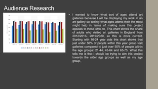 Audience Research
• I wanted to know what sort of ages attend art
galleries because I will be displaying my work in an
art gallery so seeing what ages attend their the most
might help in terms of making sure this project
appeals to those who do. This chart shows the share
of adults who visited art galleries in England from
2012/2013- 2019/2020, so this is more current.
Starting with 16-24 year olds this chart shows that
just under 50% of people within this year group visit
galleries compared to just over 50% of people within
the age groups: 21-44, 45-64 and 65-75. What this
tells me is that I should be trying to aim this project
towards the older age groups as well as my age
group.
 