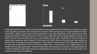 • Using Microsoft forms I created a survey asking a few questions that would help me make my project
more appealing to people, the survey wasn’t crucial in terms of figuring out my demographic however
it will help in getting a good idea of what people like to see when watching a short documentary. After
putting the results in Microsoft excel it came up as a table with all the results together however I put
them into bar charts because this way I could clearly see the data. According to this the majority of
people who answered were between 16-24 years old, which ties into the previous chart studies as
around 50% of this age group go to galleries. It also tells me that the rest of the responses will be 16-
24 year olds preferences in terms of what to expect from a documentary so it makes sense to aim
towards the younger generation. However there were still 6 people who are out of that age bracket so
it will be important to take their views into consideration because they are still one of the groups in the
previous chart that go to galleries.
 