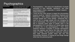 Psychographics
• Psychographics – ‘the study and classification of people
according to their attitudes, aspirations, and other
psychological criteria, especially in market research.’ -
(Oxford Dictionary)
• I think the four main groups to target this documentary
towards would be : Aspirers, Succeeders, Explorers and
Reformers. I think aspirers because they are typically
younger people and I have already mentioned that I
want to aim to younger people who are changing the
way of stereotypes. The next group is succeeders and
this is because these types of people were in the
demographics of C1 and above so it would make sense
to include this in the psychographics. I then chose
explorers because it includes a younger demographic
much like aspirers and they’re the ones who want to
make a change. The last group is reformers, because
they seek personal growth which ties into this
documentary because I’m looking at how things change
which ties into personal growth.
 