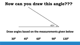 Draw angles based on the measurements given below
300 450 600 900 1200
Now can you draw this angle???
