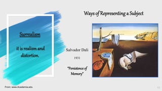 Surrealism
it is realismand
distortion.
Waysof Representing a Subject
10
From: www.Academia.edu
Salvador Dali
1931
“Persistenceof
Memory”
 