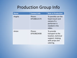 Production Group Info
Name Contact Info Role In Production
Angela Phone:
07538612174
To possibly use the
head mount and
camera if a
performer is
needed in the
video.
Anton Phone:
07419823438
To provide
transport to the
location, technical
support, helping
with props and
catering.
 