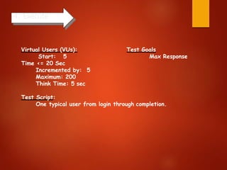 4. Execute
Virtual Users (VUs):
Start: 5
Time <= 20 Sec
Incremented by: 5
Maximum: 200
Think Time: 5 sec
Test Goals
Max Response
Test Script:
One typical user from login through completion.
 