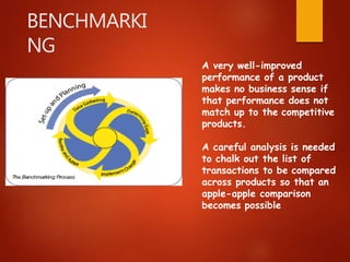 BENCHMARKI
NG
A very well-improved
performance of a product
makes no business sense if
that performance does not
match up to the competitive
products.
A careful analysis is needed
to chalk out the list of
transactions to be compared
across products so that an
apple-apple comparison
becomes possible
 