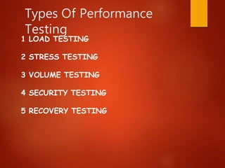 Types Of Performance
Testing
1 LOAD TESTING
2 STRESS TESTING
3 VOLUME TESTING
4 SECURITY TESTING
5 RECOVERY TESTING
 
