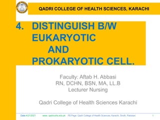 Date:4/21/2021 www. qadricohs.edu.pk FB Page: Qadri College of Health Sciences, Karachi, Sindh, Pakistan. 1
QADRI COLLEGE OF HEALTH SCIENCES, KARACHI
4. DISTINGUISH B/W
EUKARYOTIC
AND
PROKARYOTIC CELL.
Faculty: Aftab H. Abbasi
RN, DCHN, BSN, MA, LL.B
Lecturer Nursing
Qadri College of Health Sciences Karachi
QADRI COLLEGE OF HEALTH SCIENCES, KARACHI
 