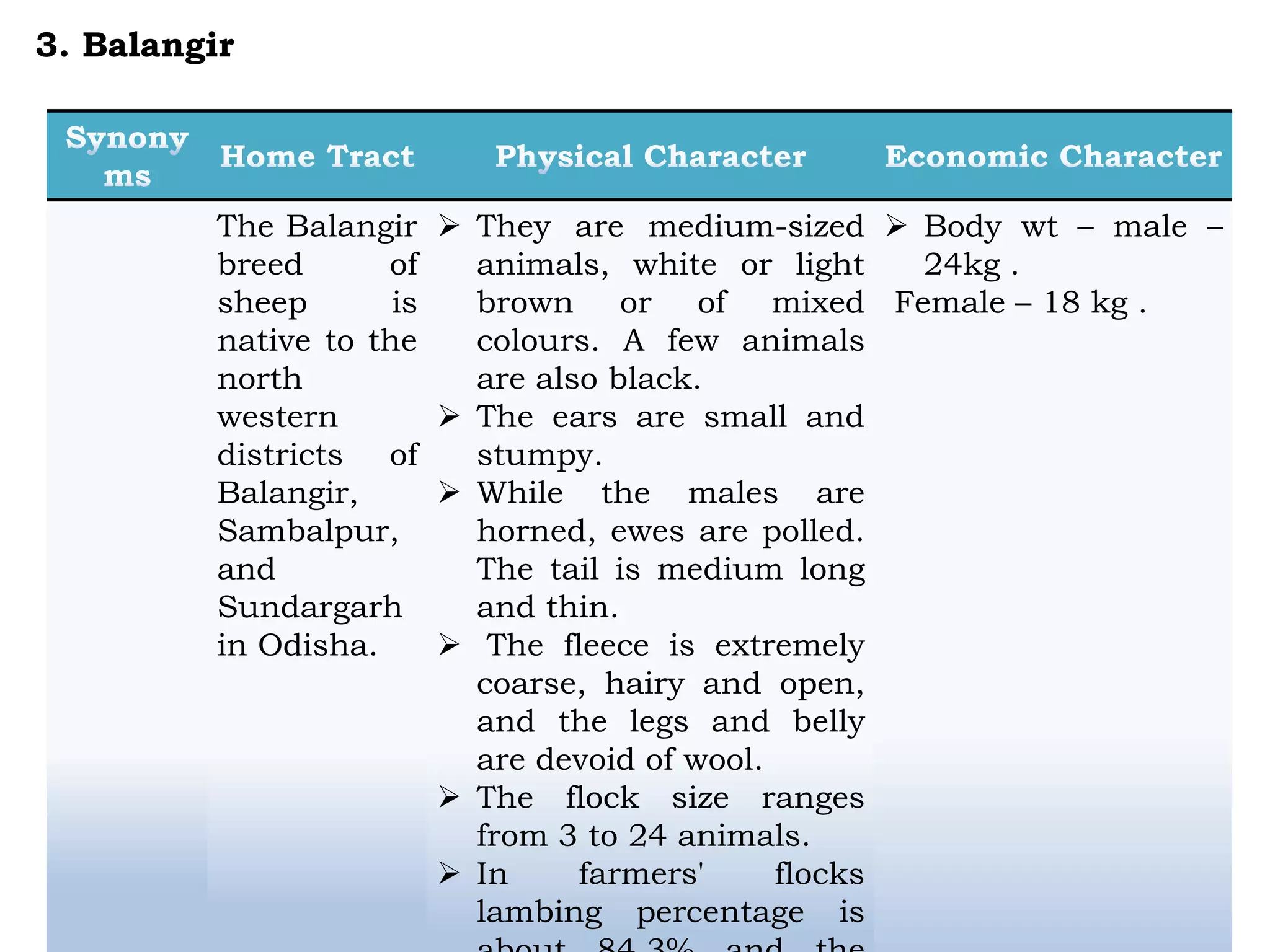 The Balangir
breed of
sheep is
native to the
north
western
districts of
Balangir,
Sambalpur,
and
Sundargarh
in Odisha.
 They are medium-sized
animals, white or light
brown or of mixed
colours. A few animals
are also black.
 The ears are small and
stumpy.
 While the males are
horned, ewes are polled.
The tail is medium long
and thin.
 The fleece is extremely
coarse, hairy and open,
and the legs and belly
are devoid of wool.
 The flock size ranges
from 3 to 24 animals.
 In farmers' flocks
lambing percentage is
 Body wt – male –
24kg .
Female – 18 kg .
3. Balangir
 