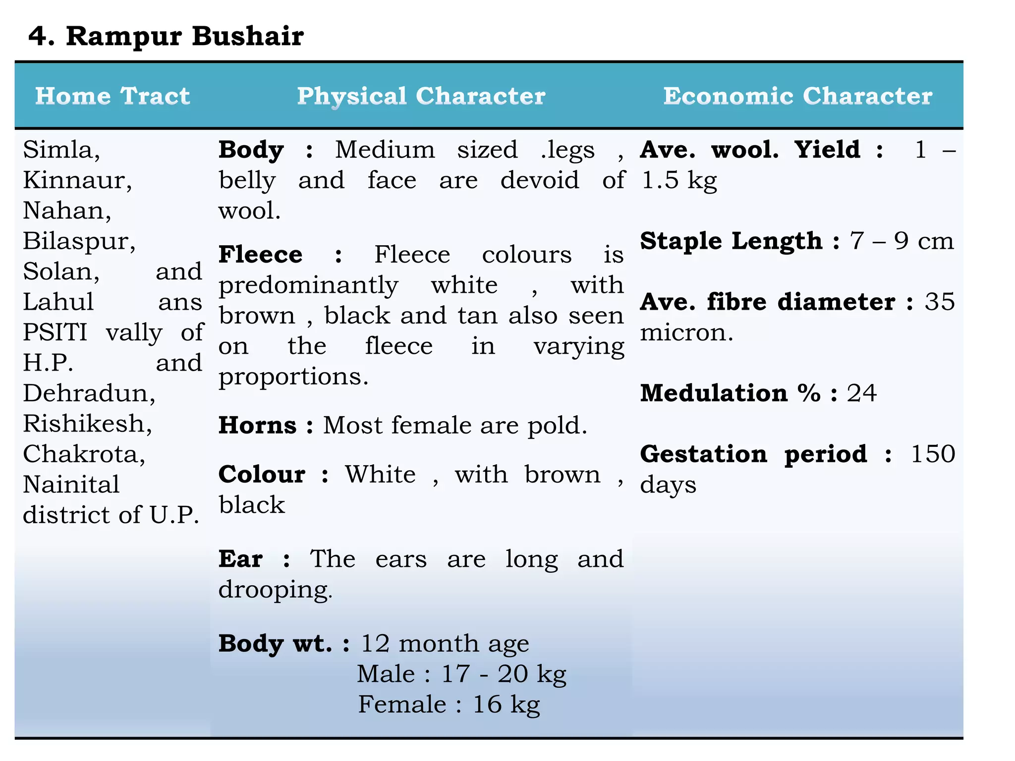 Simla,
Kinnaur,
Nahan,
Bilaspur,
Solan, and
Lahul ans
PSITI vally of
H.P. and
Dehradun,
Rishikesh,
Chakrota,
Nainital
district of U.P.
Body : Medium sized .legs ,
belly and face are devoid of
wool.
Fleece : Fleece colours is
predominantly white , with
brown , black and tan also seen
on the fleece in varying
proportions.
Horns : Most female are pold.
Colour : White , with brown ,
black
Ear : The ears are long and
drooping.
Body wt. : 12 month age
Male : 17 - 20 kg
Female : 16 kg
Ave. wool. Yield : 1 –
1.5 kg
Staple Length : 7 – 9 cm
Ave. fibre diameter : 35
micron.
Medulation % : 24
Gestation period : 150
days
4. Rampur Bushair
 