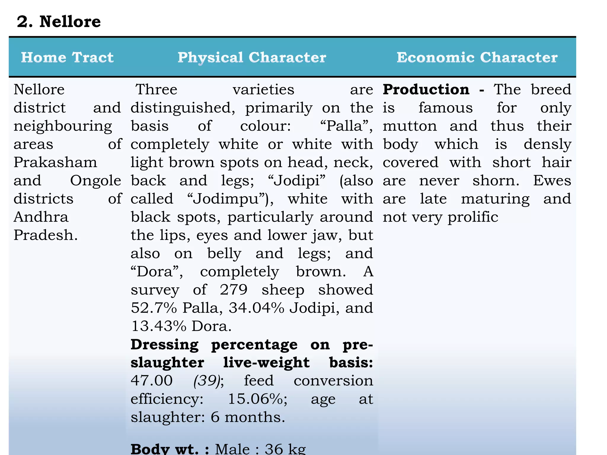 Nellore
district and
neighbouring
areas of
Prakasham
and Ongole
districts of
Andhra
Pradesh.
Three varieties are
distinguished, primarily on the
basis of colour: “Palla”,
completely white or white with
light brown spots on head, neck,
back and legs; “Jodipi” (also
called “Jodimpu”), white with
black spots, particularly around
the lips, eyes and lower jaw, but
also on belly and legs; and
“Dora”, completely brown. A
survey of 279 sheep showed
52.7% Palla, 34.04% Jodipi, and
13.43% Dora.
Dressing percentage on pre-
slaughter live-weight basis:
47.00 (39); feed conversion
efficiency: 15.06%; age at
slaughter: 6 months.
Body wt. : Male : 36 kg
Production - The breed
is famous for only
mutton and thus their
body which is densly
covered with short hair
are never shorn. Ewes
are late maturing and
not very prolific
2. Nellore
 