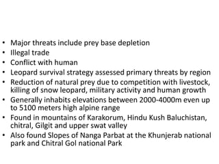 • Major threats include prey base depletion
• Illegal trade
• Conflict with human
• Leopard survival strategy assessed primary threats by region
• Reduction of natural prey due to competition with livestock,
killing of snow leopard, military activity and human growth
• Generally inhabits elevations between 2000-4000m even up
to 5100 meters high alpine range
• Found in mountains of Karakorum, Hindu Kush Baluchistan,
chitral, Gilgit and upper swat valley
• Also found Slopes of Nanga Parbat at the Khunjerab national
park and Chitral Gol national Park
 