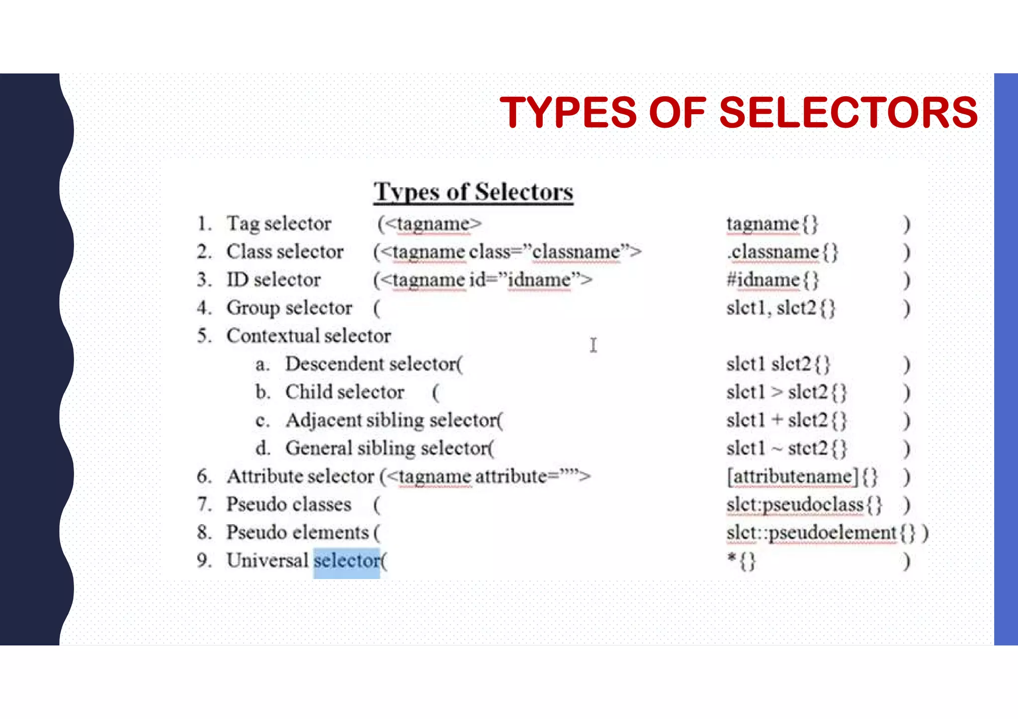 TYPES OF SELECTORS 
