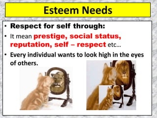 Esteem Needs
• Respect for self through:
• It mean prestige, social status,
reputation, self – respect etc…
• Every individual wants to look high in the eyes
of others.
 