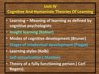 Unit IV
Cognitive And Humanistic Theories Of Learning
• Learning – Meaning of learning as defined by
cognitive psychologists
• Insight learning (Kohler)
• Modes of cognitive development (Bruner)
• Stages of intellectual development (Piaget)
• Learning styles (Kolb)
• Self-actualization ( Maslow)
• Theory of a fully functioning person ( Carl
Rogers).
 
