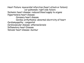 Heart Failure: myocardial infarction (heart attack or failure)
cor pulmonale: right side failure
Ischemic heart disease: reduced blood supply to organs
Hypertensive heart disease:
Coranary heart disease
Cardiac arrhythemia: abnormal electrivity of heart
Cardiamyopathy : congenital
Cardiovascular disease: atherosclerosis
Inflamatory heart Disease
Valvular heart disease: murmur
 