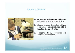2.Focar e Observar
1. Aproximar a platina da objetiva.
(Utilizar o parafuso macrométrico)
2. Olhando através da ocular, utilizar
o parafuso macrométrico até à
o parafuso macrométrico até à
visualização do objeto.
3. Focagem final, utilizando o
parafuso micrométrico.
13
Cláudia Barros Moreira - Biologia e Geologia
- 10.º Ano
 