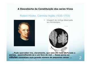  Imagem da cortiça observada
ao microscópio.
Robert Hooke, Cientista Inglês (1635-1703)
A Descoberta da Constituição dos seres Vivos
…Pude aperceber-me, claramente, que esta era toda perfurada e
porosa, assemelhando-se a um favo de mel … Esses poros ou
células consistiam num grande número de pequenas caixas ….
2
Cláudia Barros Moreira - Biologia e Geologia - 10.º Ano
 