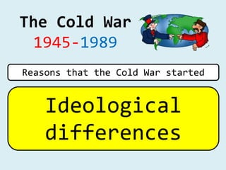 The Cold War
1945-1989
Ideological
differences
Reasons that the Cold War started
 