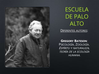 ESCUELA
DE PALO
ALTO
DIFERENTES AUTORES:
GREGORY BATESON:
PSICOLOGÍA, ZOOLOGÍA.
ESPÍRITU Y NATURALEZA,
TEORÍA DE LA ECOLOGÍA
HUMANA.
 
