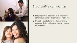 Las familias cambiantes
■ El ejemplo más frecuente es el progenitor
soltero que cambia de pareja una y otra vez.
■ Un padre puede tener muchas amantes,
cada una de las cuales será esposa y madre
en potencia.
 