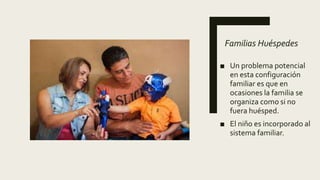 Familias Huéspedes
■ Un problema potencial
en esta configuración
familiar es que en
ocasiones la familia se
organiza como si no
fuera huésped.
■ El niño es incorporado al
sistema familiar.
 