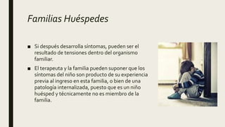 Familias Huéspedes
■ Si después desarrolla síntomas, pueden ser el
resultado de tensiones dentro del organismo
familiar.
■ El terapeuta y la familia pueden suponer que los
síntomas del niño son producto de su experiencia
previa al ingreso en esta familia, o bien de una
patología internalizada, puesto que es un niño
huésped y técnicamente no es miembro de la
familia.
 