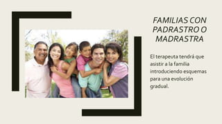 FAMILIAS CON
PADRASTRO O
MADRASTRA
El terapeuta tendrá que
asistir a la familia
introduciendo esquemas
para una evolución
gradual.
 