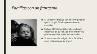 Familias con un fantasma
■ El terapeuta trabaja con la configuración
que la propia familia presenta como
esencial.
■ Incluye elementos sobre el estadio de
desarrollo en que ella se encuentra y los
problemas inherentes a ese estadio.
■ Si se conocen la religión de la familia, su
nivel económico o su origen
 