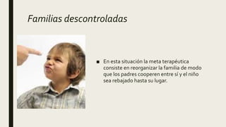 Familias descontroladas
■ En esta situación la meta terapéutica
consiste en reorganizar la familia de modo
que los padres cooperen entre sí y el niño
sea rebajado hasta su lugar.
 