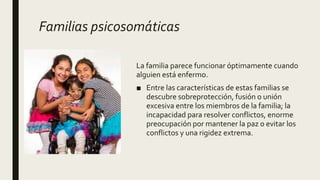 Familias psicosomáticas
La familia parece funcionar óptimamente cuando
alguien está enfermo.
■ Entre las características de estas familias se
descubre sobreprotección, fusión o unión
excesiva entre los miembros de la familia; la
incapacidad para resolver conflictos, enorme
preocupación por mantener la paz o evitar los
conflictos y una rigidez extrema.
 