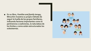 ■ En su libro, Families and family terapy,
Minuchin muestra su propio método de
seguir la huella de los grupos familiares,
indicando factores importantes como la
pertinencia a coaliciones, la naturaleza de
los limites y como están estructurados los
subsistemas.
 