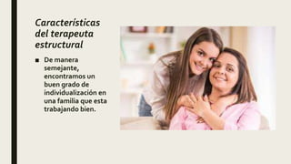 Características
del terapeuta
estructural
■ De manera
semejante,
encontramos un
buen grado de
individualización en
una familia que esta
trabajando bien.
 