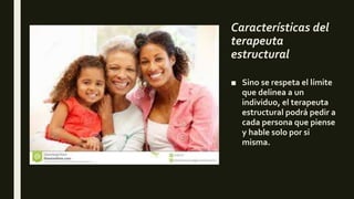 Características del
terapeuta
estructural
■ Sino se respeta el límite
que delinea a un
individuo, el terapeuta
estructural podrá pedir a
cada persona que piense
y hable solo por si
misma.
 