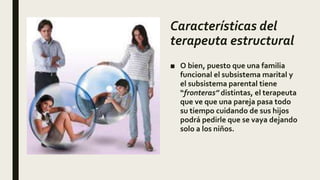 Características del
terapeuta estructural
■ O bien, puesto que una familia
funcional el subsistema marital y
el subsistema parental tiene
“fronteras” distintas, el terapeuta
que ve que una pareja pasa todo
su tiempo cuidando de sus hijos
podrá pedirle que se vaya dejando
solo a los niños.
 