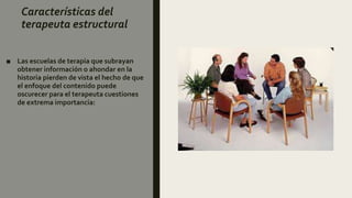 Características del
terapeuta estructural
■ Las escuelas de terapia que subrayan
obtener información o ahondar en la
historia pierden de vista el hecho de que
el enfoque del contenido puede
oscurecer para el terapeuta cuestiones
de extrema importancia:
 