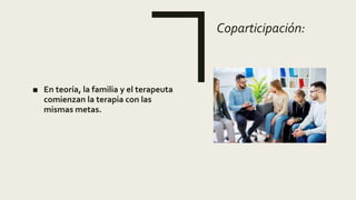 Coparticipación:
■ En teoría, la familia y el terapeuta
comienzan la terapia con las
mismas metas.
 