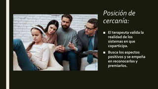 Posición de
cercanía:
■ El terapeuta valida la
realidad de los
sistemas en que
coparticipa.
■ Busca los aspectos
positivos y se empeña
en reconocerlos y
premiarlos.
 