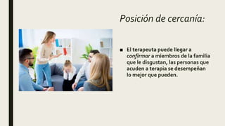 Posición de cercanía:
■ El terapeuta puede llegar a
confirmar a miembros de la familia
que le disgustan, las personas que
acuden a terapia se desempeñan
lo mejor que pueden.
 