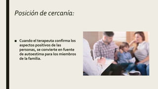 Posición de cercanía:
■ Cuando el terapeuta confirma los
aspectos positivos de las
personas, se convierte en fuente
de autoestima para los miembros
de la familia.
 