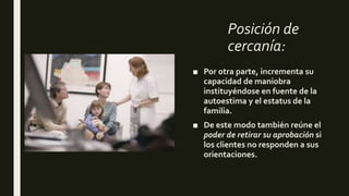 Posición de
cercanía:
■ Por otra parte, incrementa su
capacidad de maniobra
instituyéndose en fuente de la
autoestima y el estatus de la
familia.
■ De este modo también reúne el
poder de retirar su aprobación si
los clientes no responden a sus
orientaciones.
 