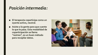 Posición intermedia:
■ El terapeuta coparticipa como un
oyente activo, neutral.
■ Asiste a la gente para que cuente
lo que le pasa. Esta modalidad de
coparticipación se llama
“rastreo”, es un buen método
para recopilar datos.
 