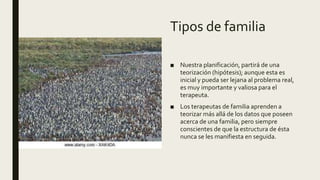 Tipos de familia
■ Nuestra planificación, partirá de una
teorización (hipótesis); aunque esta es
inicial y pueda ser lejana al problema real,
es muy importante y valiosa para el
terapeuta.
■ Los terapeutas de familia aprenden a
teorizar más allá de los datos que poseen
acerca de una familia, pero siempre
conscientes de que la estructura de ésta
nunca se les manifiesta en seguida.
 