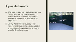 Tipos de familia
■ Sólo en el proceso de coparticipar con una
familia, sondear sus interacciones y
vivenciar la estructura que la gobierna
alcanzarán a conocer su modalidad de
interacción.
■ Las hipótesis iniciales que se pudieron
hacer tendrán que someterse a prueba en
la coparticipación y acaso muy pronto se
las deba desechar a todas.
 