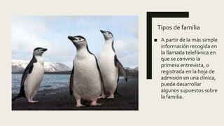 Tipos de familia
■ A partir de la más simple
información recogida en
la llamada telefónica en
que se convino la
primera entrevista, o
registrada en la hoja de
admisión en una clínica,
puede desarrollar
algunos supuestos sobre
la familia.
 